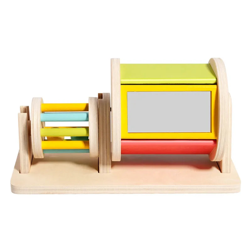 Montessori Wooden Rainbow 2-in-1 Spinning Drum Baby Toy for 6-12 Months Old Tummy Time Toys Wooden Spinning Toy for Boy and Girl
