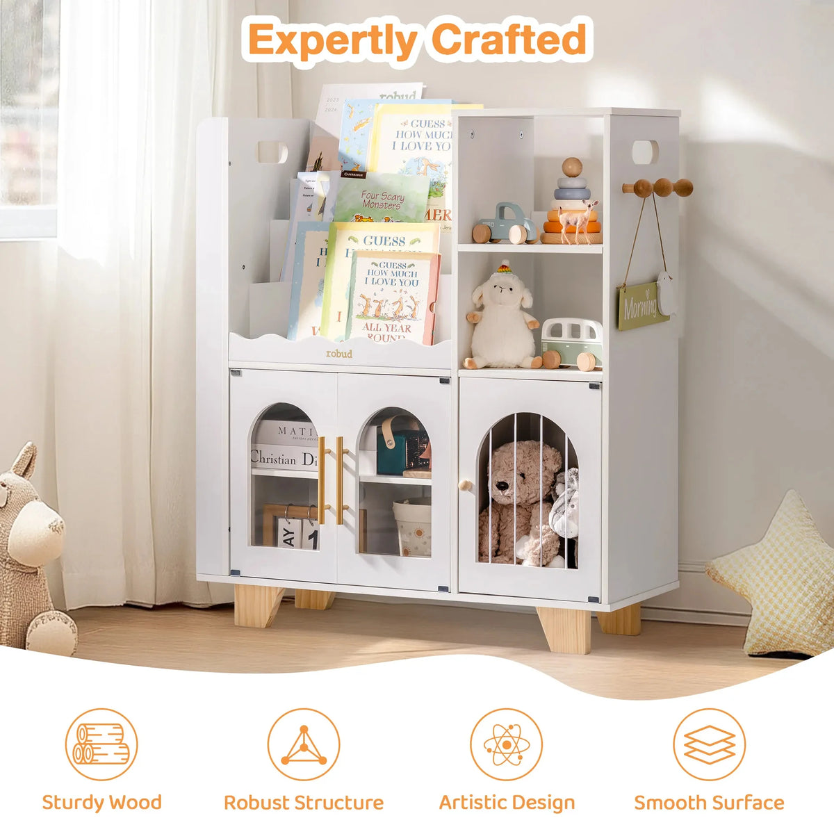 ROBOTIME ROBUD Kids Wooden Bookshelf with Storage Montessori Bookshelf Kids Bookcase Toy Storage Book Shelf for Kids Age 3+