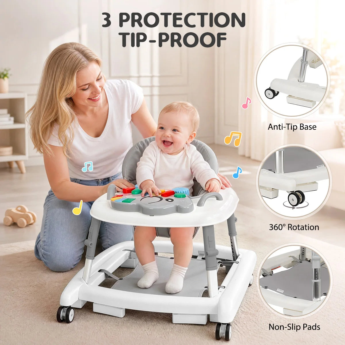 5 in 1 Baby Walker Adjustable Height Foldable Baby Activity Center, Infant Walker Bouncer Rocker Push Walker with Music Toys, Eating Seat for Baby Boys Girls