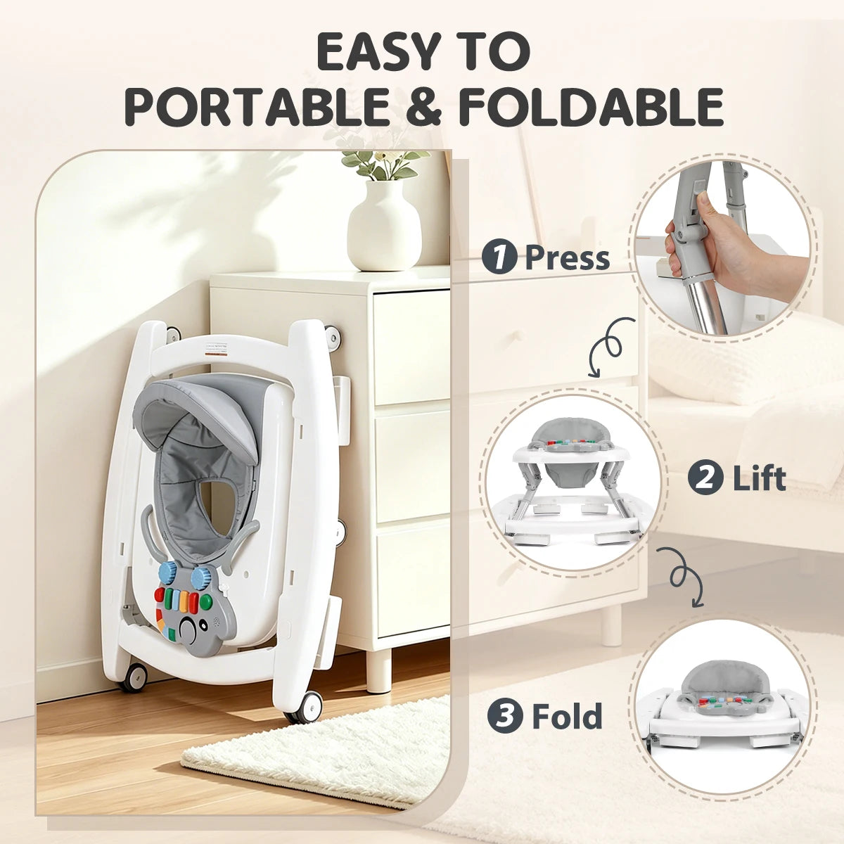 5 in 1 Baby Walker Adjustable Height Foldable Baby Activity Center, Infant Walker Bouncer Rocker Push Walker with Music Toys, Eating Seat for Baby Boys Girls