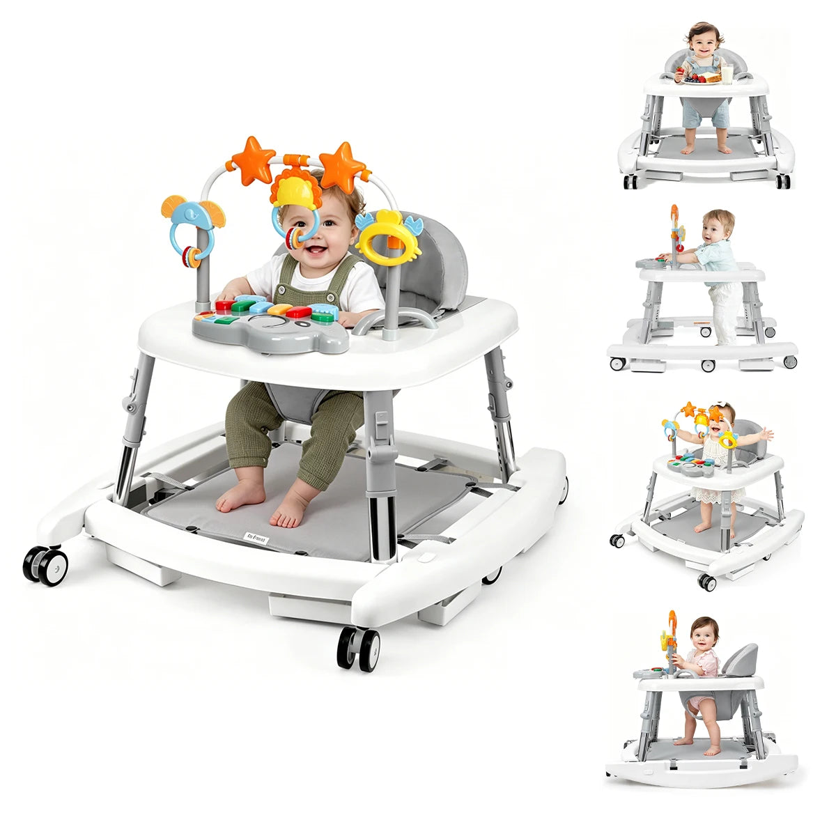 5 in 1 Baby Walker Adjustable Height Foldable Baby Activity Center, Infant Walker Bouncer Rocker Push Walker with Music Toys, Eating Seat for Baby Boys Girls
