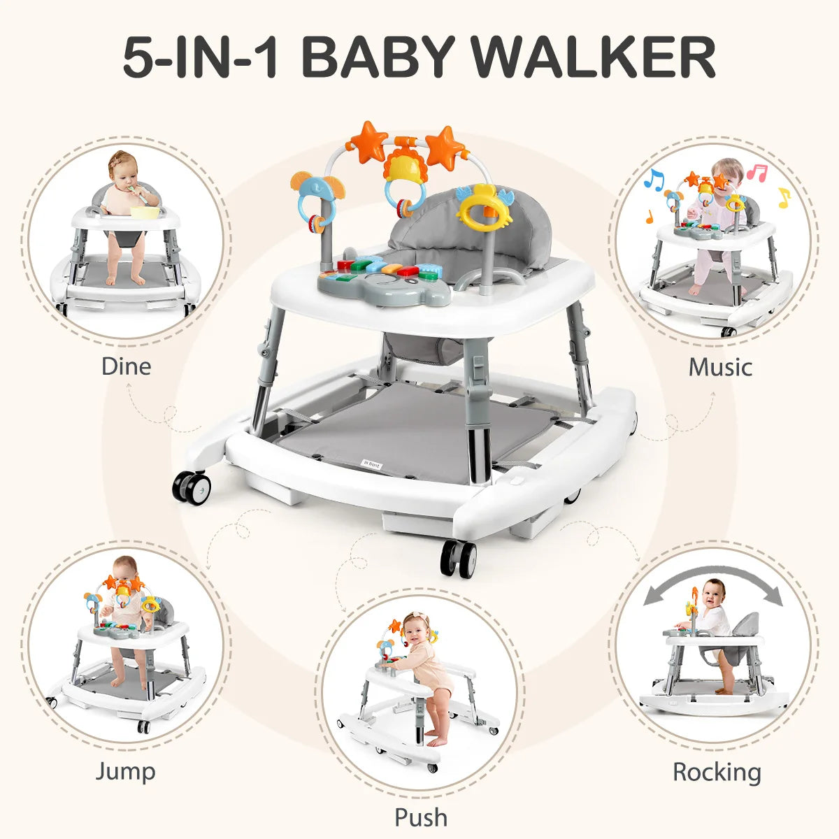 5 in 1 Baby Walker Adjustable Height Foldable Baby Activity Center, Infant Walker Bouncer Rocker Push Walker with Music Toys, Eating Seat for Baby Boys Girls