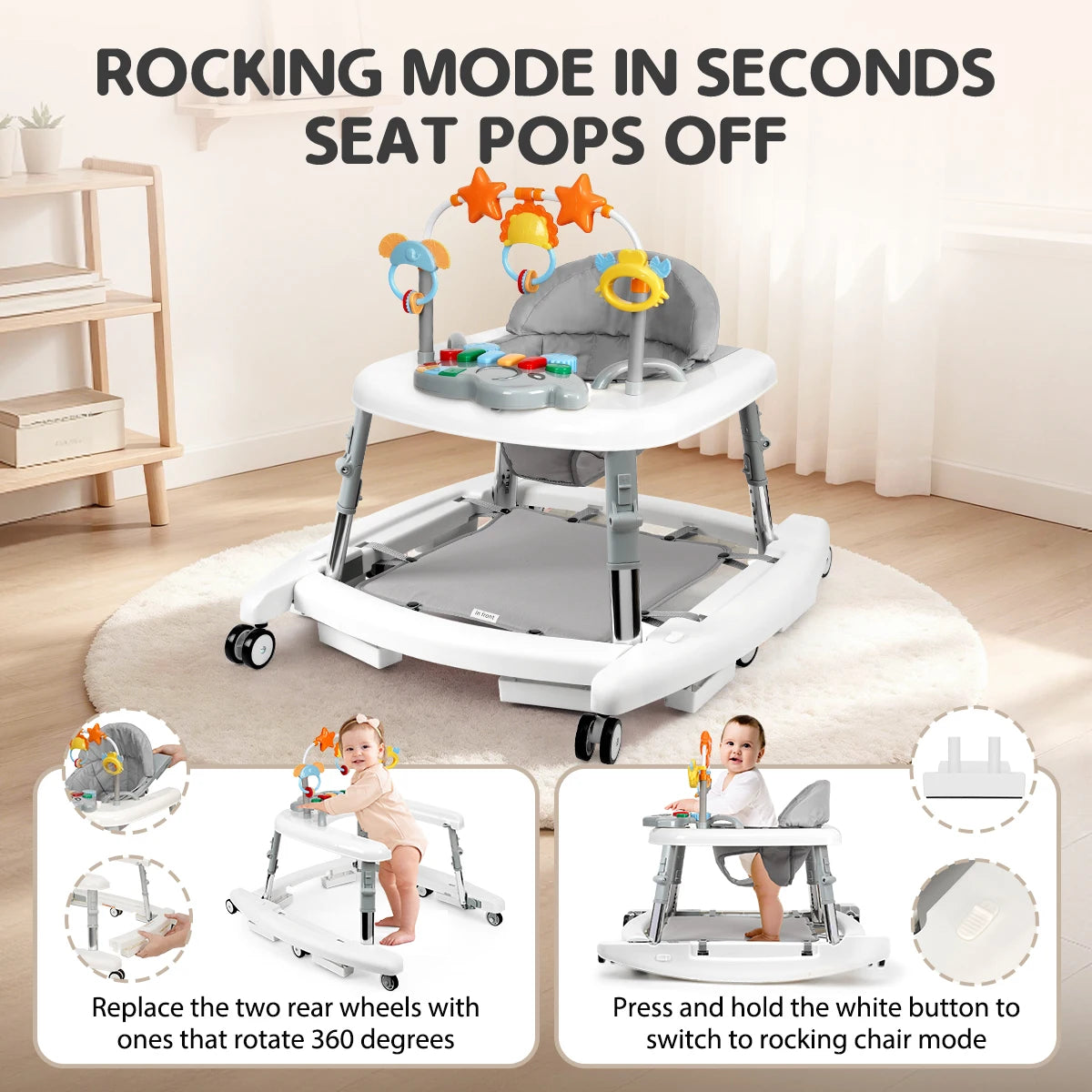 5 in 1 Baby Walker Adjustable Height Foldable Baby Activity Center, Infant Walker Bouncer Rocker Push Walker with Music Toys, Eating Seat for Baby Boys Girls