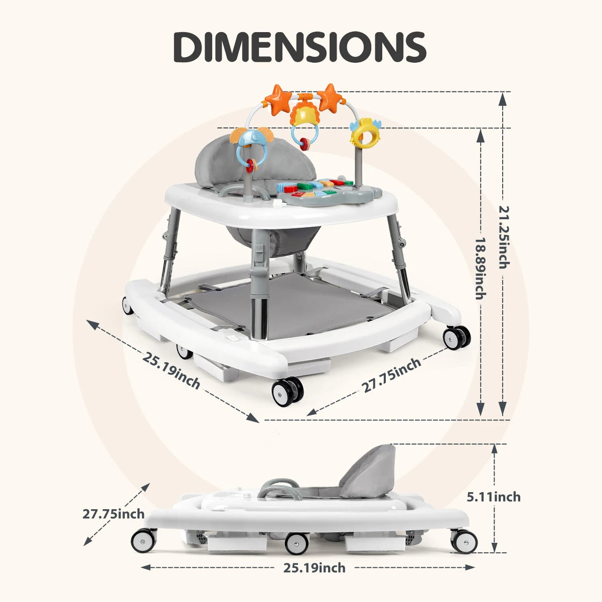 5 in 1 Baby Walker Adjustable Height Foldable Baby Activity Center, Infant Walker Bouncer Rocker Push Walker with Music Toys, Eating Seat for Baby Boys Girls