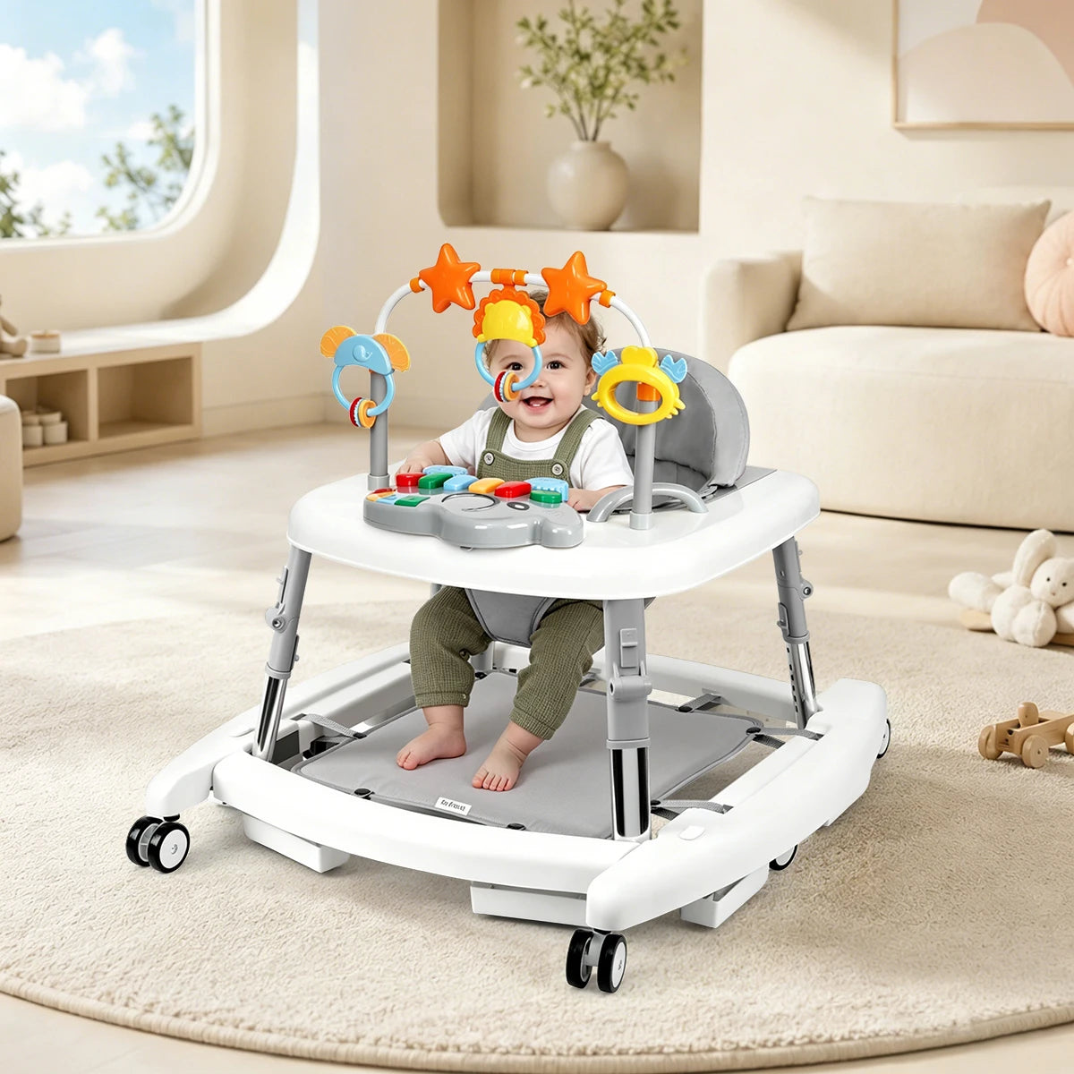 5 in 1 Baby Walker Adjustable Height Foldable Baby Activity Center, Infant Walker Bouncer Rocker Push Walker with Music Toys, Eating Seat for Baby Boys Girls