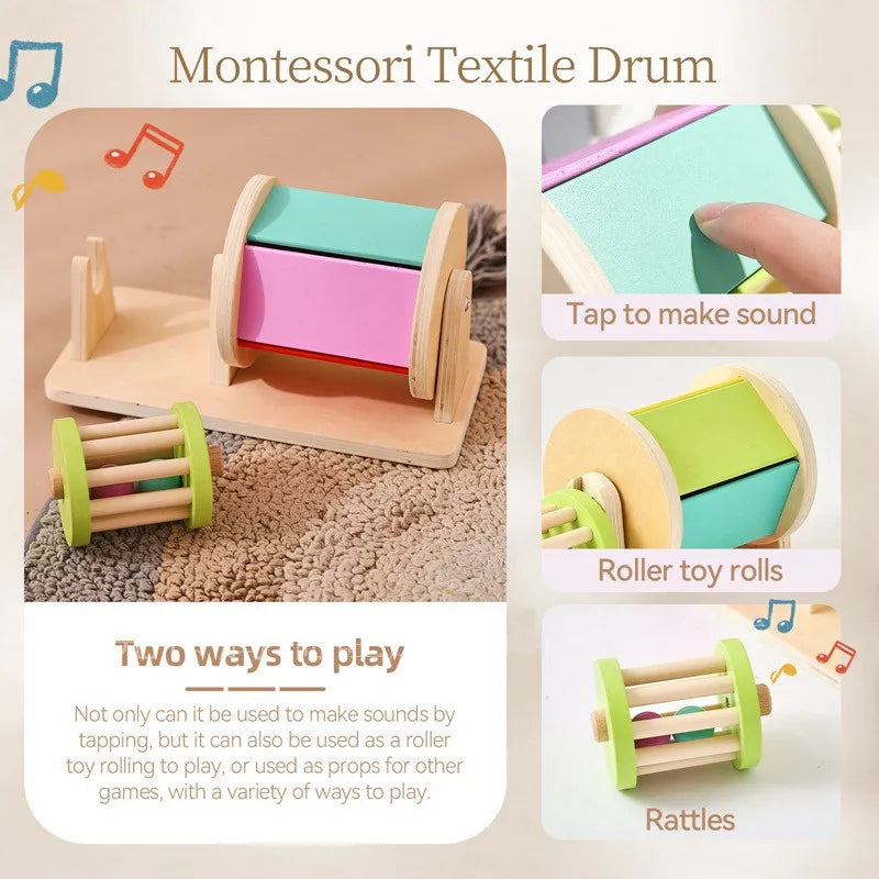 Montessori Wooden Rainbow 2-in-1 Spinning Drum Baby Toy for 6-12 Months Old Tummy Time Toys Wooden Spinning Toy for Boy and Girl