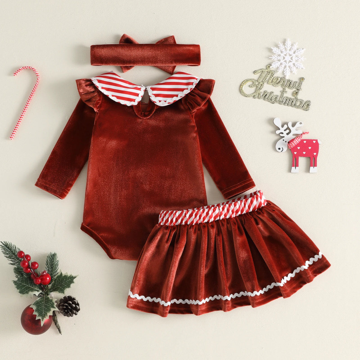 Baby Clothing Girl Christmas Outfit Long Sleeve Gingerbread Romper, Skort, Headband Xmas Clothes