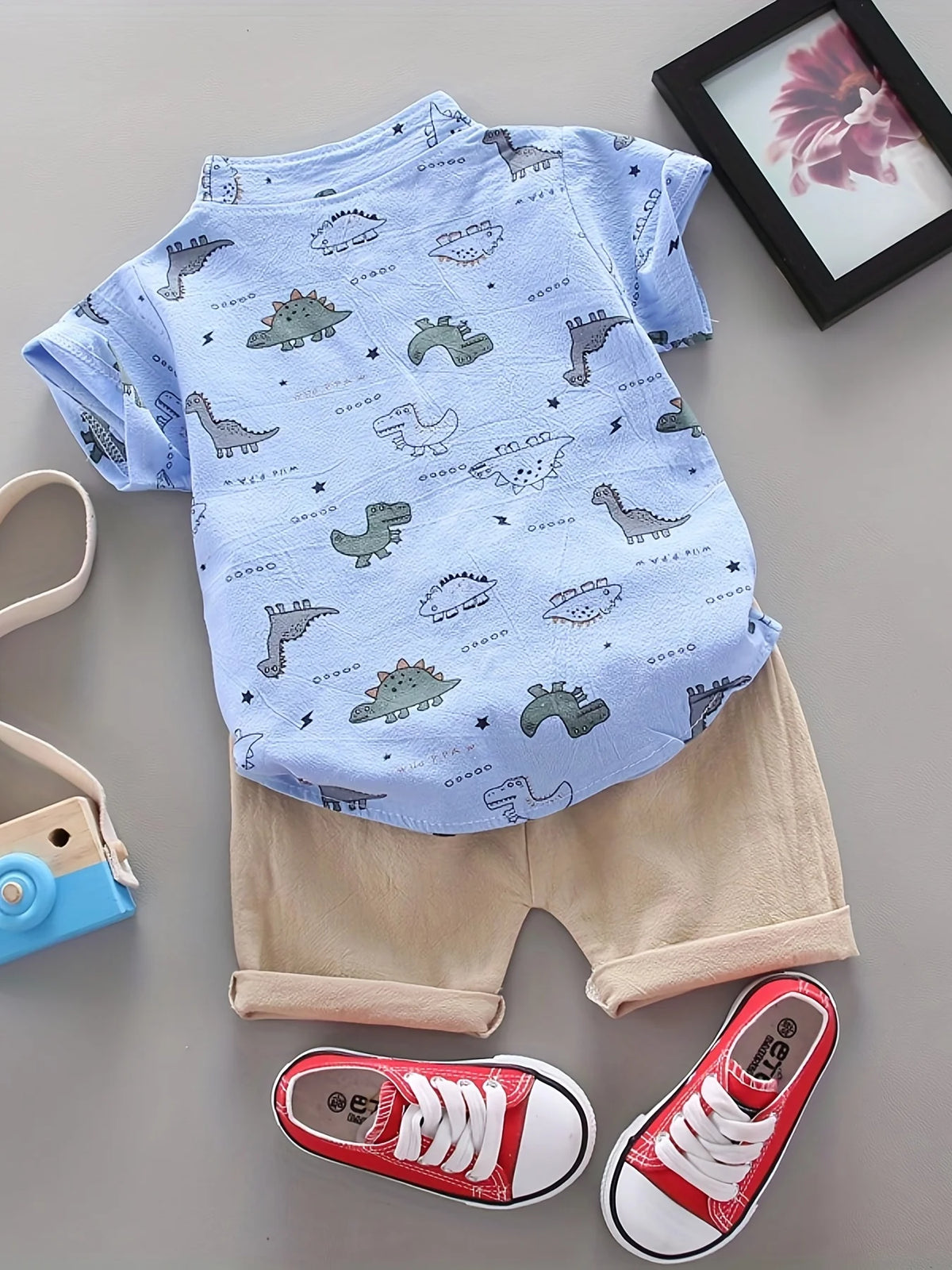 Infant Toddler Summer Dinosaur Print Short Sleeve Shirt And Shorts Set Fashionable Outdoor Standing Collar Top for Kids