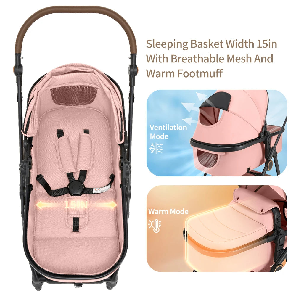 2 in 1 Baby Stroller, High Landscape Infant Stroller Pram Foldable Pushchair with Adjustable Canopy,Mom Bags