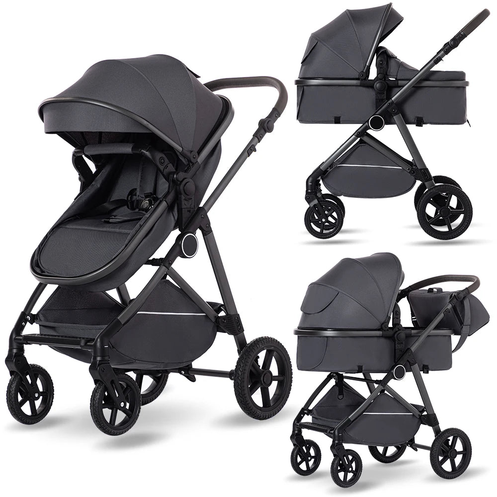 2 in 1 Baby Stroller, High Landscape Infant Stroller Pram Foldable Pushchair with Adjustable Canopy,Mom Bags