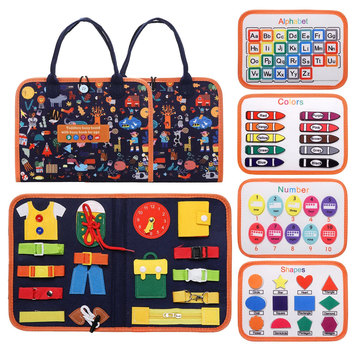 Cartoon City Busy Board Felt Quiet Book, Kids Clothes Zip Buckle Practice Toy, Alphabet Number Shape Color Clock Matching Travel Educational Gift for Toddlers