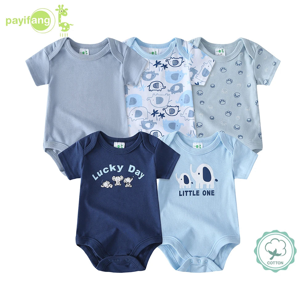 5pcs Newborn Baby Boy Short Sleeve Bodysuits, Cotton Cute Dinosaur Cartoon Rompers, Infant 1pc Jumpsuits, Round Neck Summer Outfits, Hospital Bag Essentials (Boys), Perfect for Outdoor