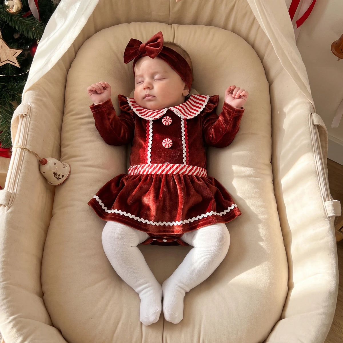 Baby Clothing Girl Christmas Outfit Long Sleeve Gingerbread Romper, Skort, Headband Xmas Clothes