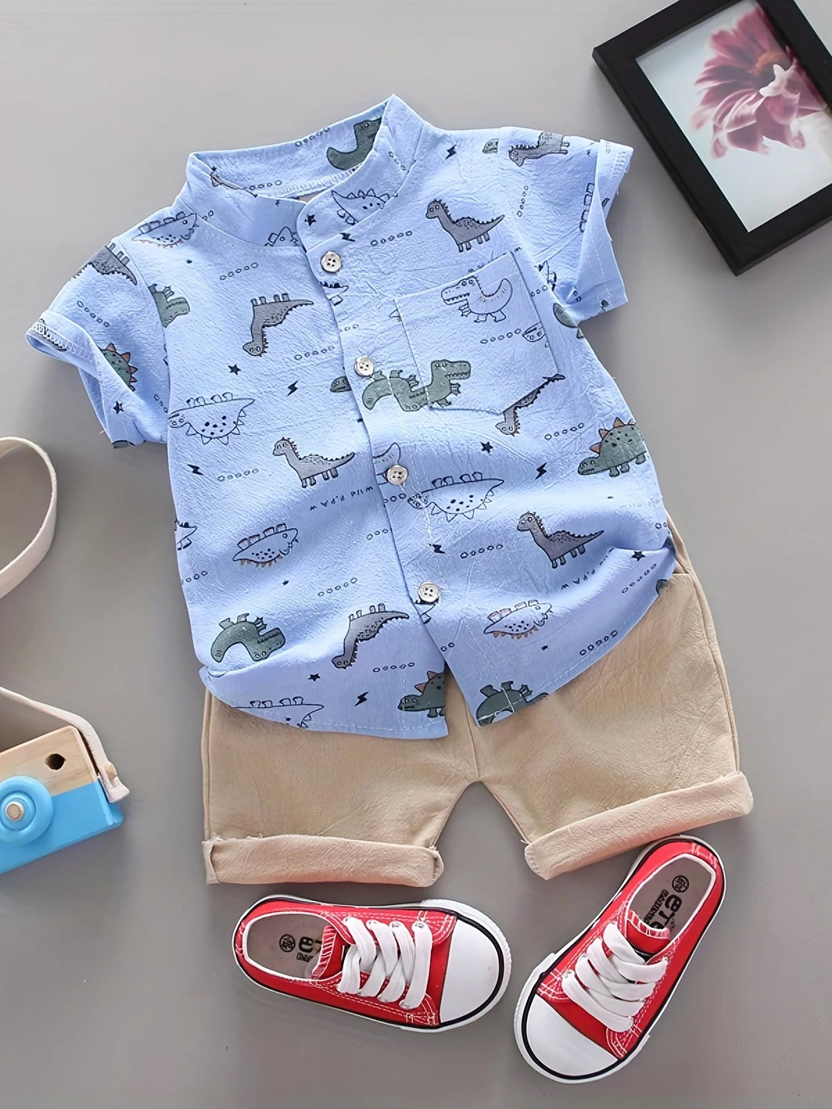 Infant Toddler Summer Dinosaur Print Short Sleeve Shirt And Shorts Set Fashionable Outdoor Standing Collar Top for Kids