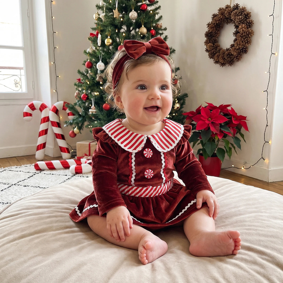Baby Clothing Girl Christmas Outfit Long Sleeve Gingerbread Romper, Skort, Headband Xmas Clothes