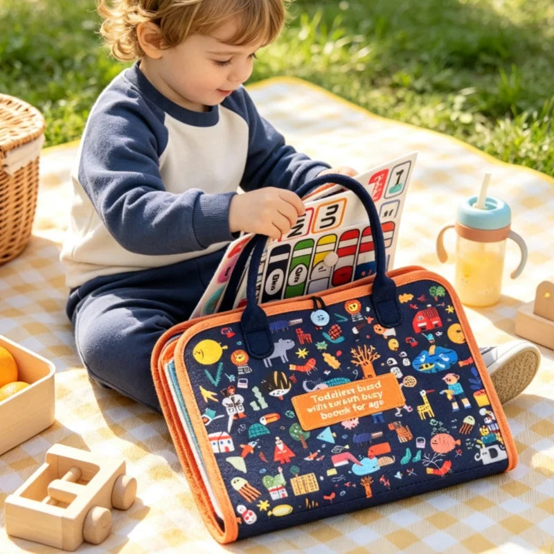 Cartoon City Busy Board Felt Quiet Book, Kids Clothes Zip Buckle Practice Toy, Alphabet Number Shape Color Clock Matching Travel Educational Gift for Toddlers