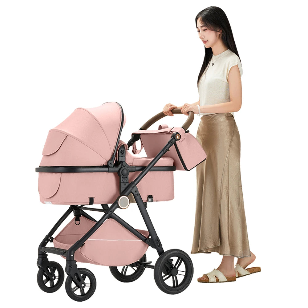 2 in 1 Baby Stroller, High Landscape Infant Stroller Pram Foldable Pushchair with Adjustable Canopy,Mom Bags