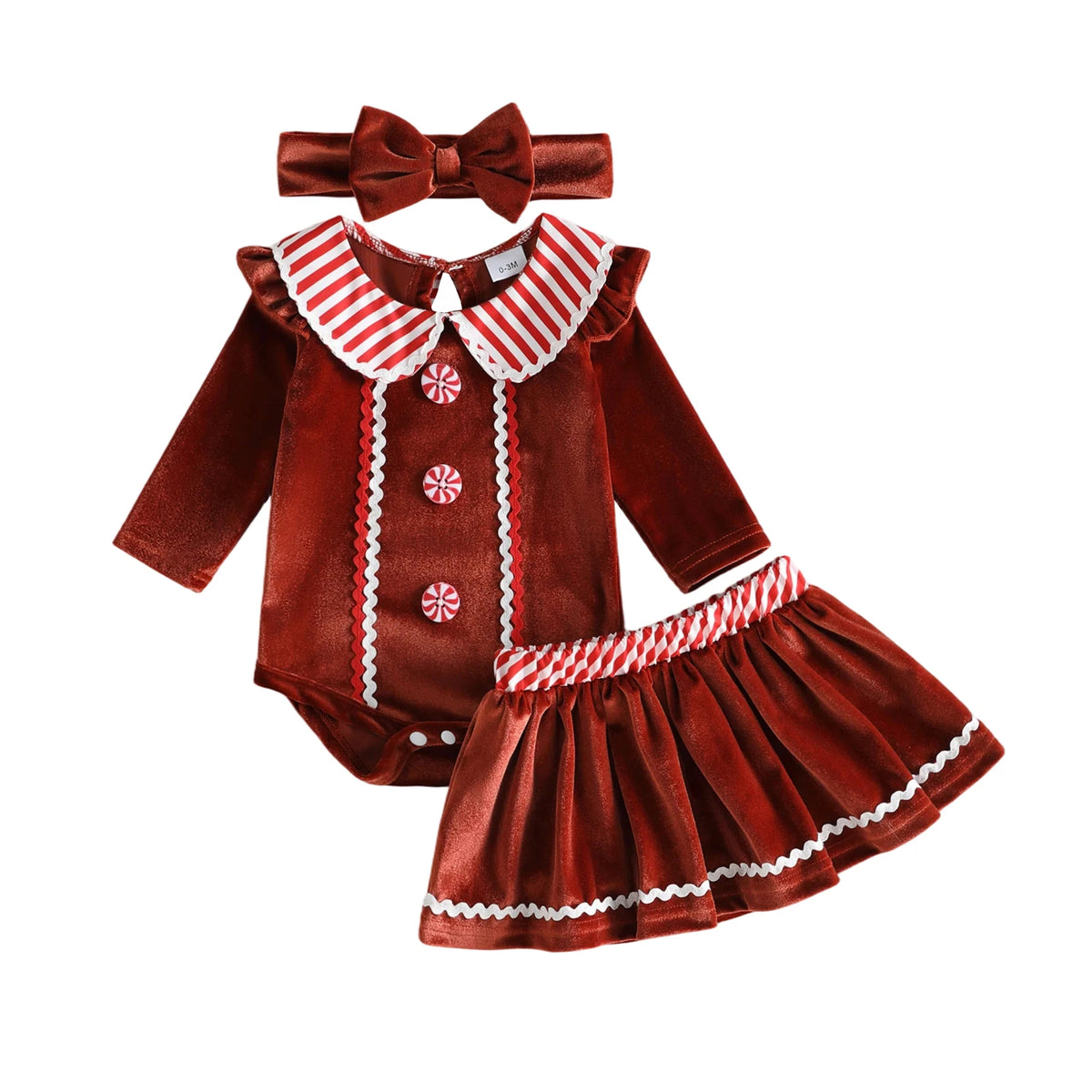Baby Clothing Girl Christmas Outfit Long Sleeve Gingerbread Romper, Skort, Headband Xmas Clothes