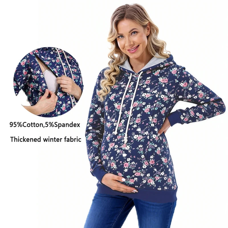 Autumn Winter Maternity Clothes Breastfeeding Tops Nursing Hoodies Thickened Warming Long Sleeve Pregnant Women Hoodie Sweater