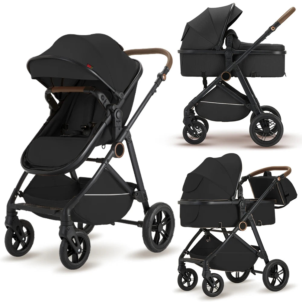 2 in 1 Baby Stroller, High Landscape Infant Stroller Pram Foldable Pushchair with Adjustable Canopy,Mom Bags
