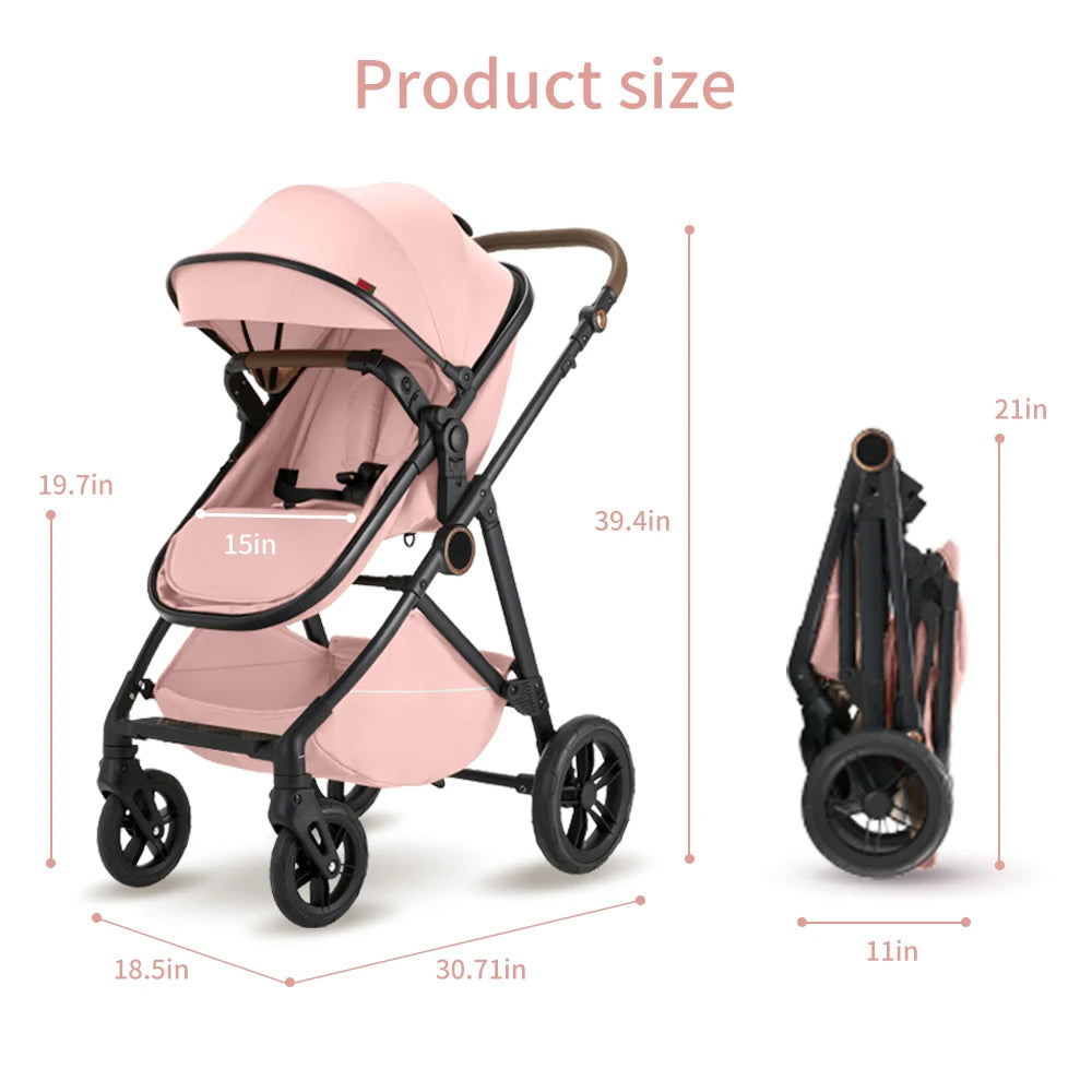 2 in 1 Baby Stroller, High Landscape Infant Stroller Pram Foldable Pushchair with Adjustable Canopy,Mom Bags