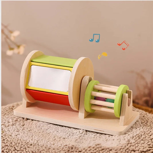 Montessori Wooden Rainbow 2-in-1 Spinning Drum Baby Toy for 6-12 Months Old Tummy Time Toys Wooden Spinning Toy for Boy and Girl