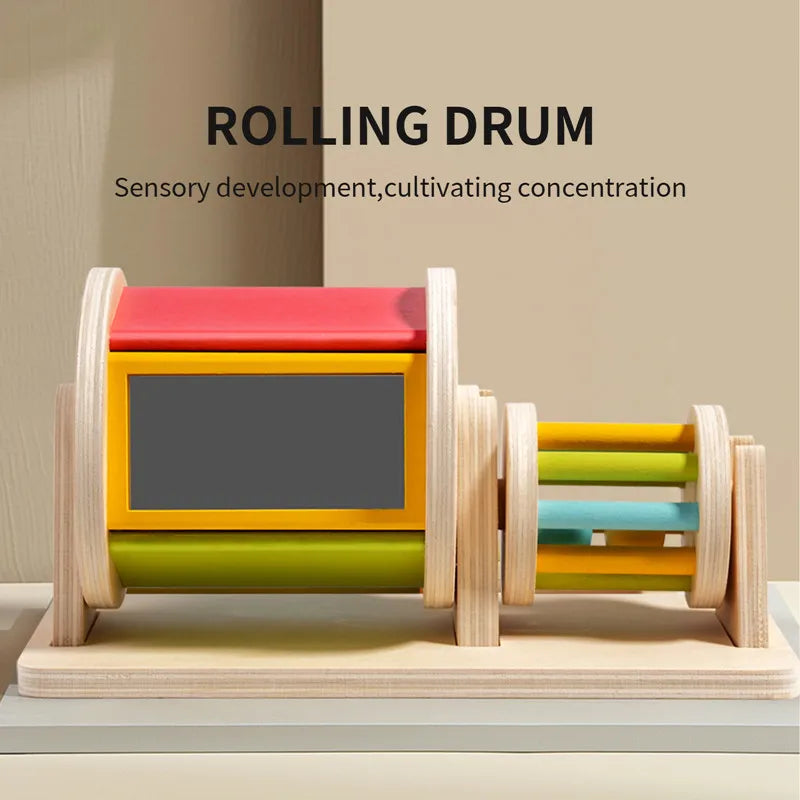 Montessori Wooden Rainbow 2-in-1 Spinning Drum Baby Toy for 6-12 Months Old Tummy Time Toys Wooden Spinning Toy for Boy and Girl