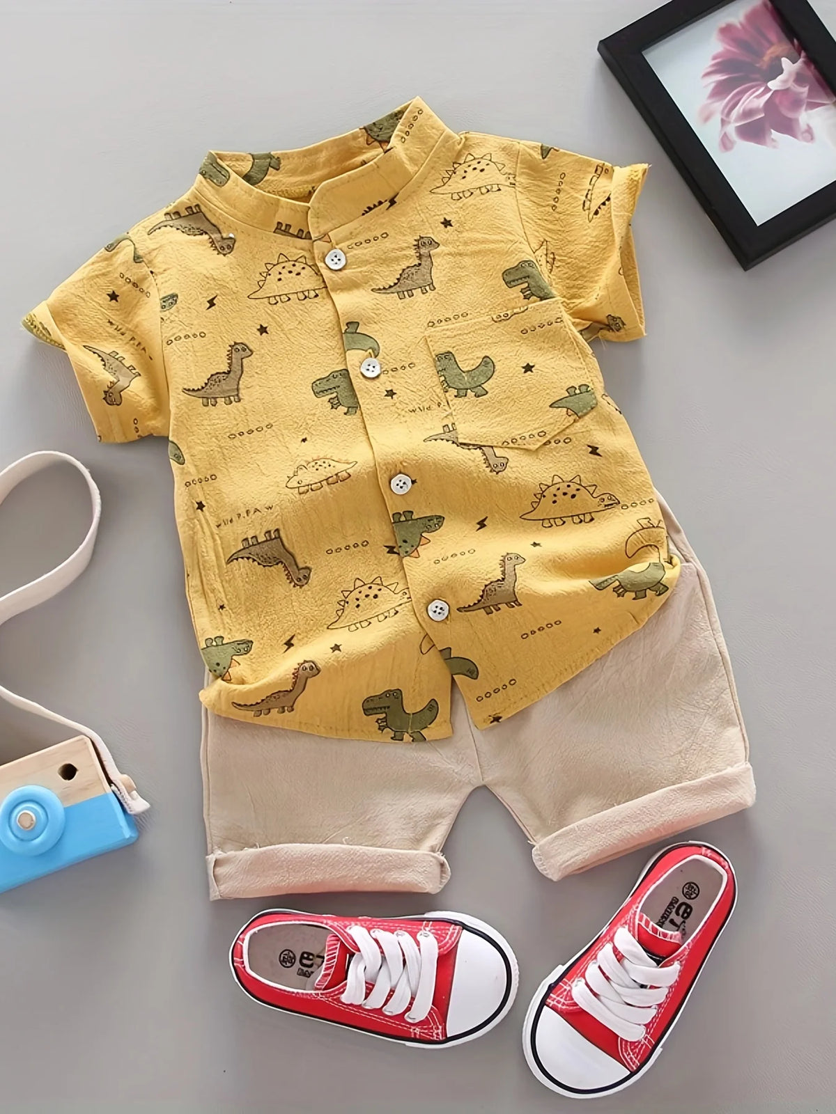 Infant Toddler Summer Dinosaur Print Short Sleeve Shirt And Shorts Set Fashionable Outdoor Standing Collar Top for Kids