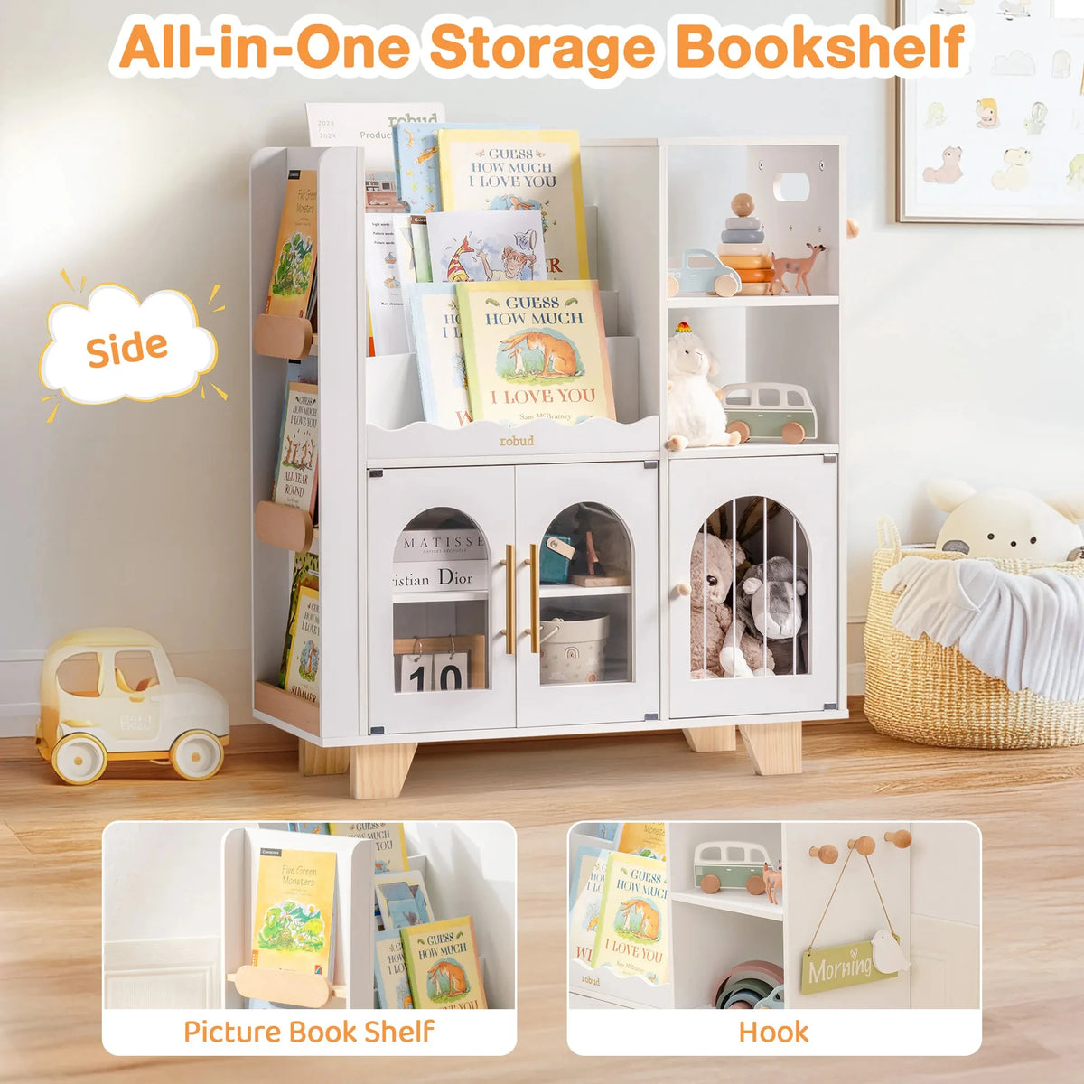 ROBOTIME ROBUD Kids Wooden Bookshelf with Storage Montessori Bookshelf Kids Bookcase Toy Storage Book Shelf for Kids Age 3+
