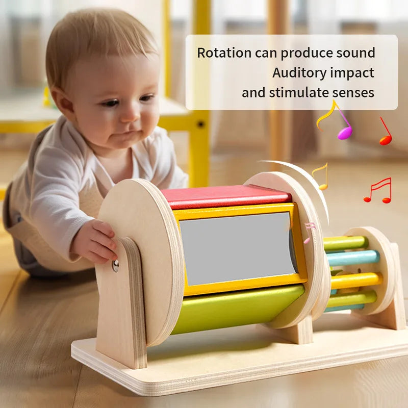 Montessori Wooden Rainbow 2-in-1 Spinning Drum Baby Toy for 6-12 Months Old Tummy Time Toys Wooden Spinning Toy for Boy and Girl