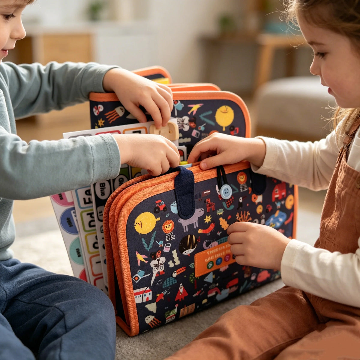 Cartoon City Busy Board Felt Quiet Book, Kids Clothes Zip Buckle Practice Toy, Alphabet Number Shape Color Clock Matching Travel Educational Gift for Toddlers