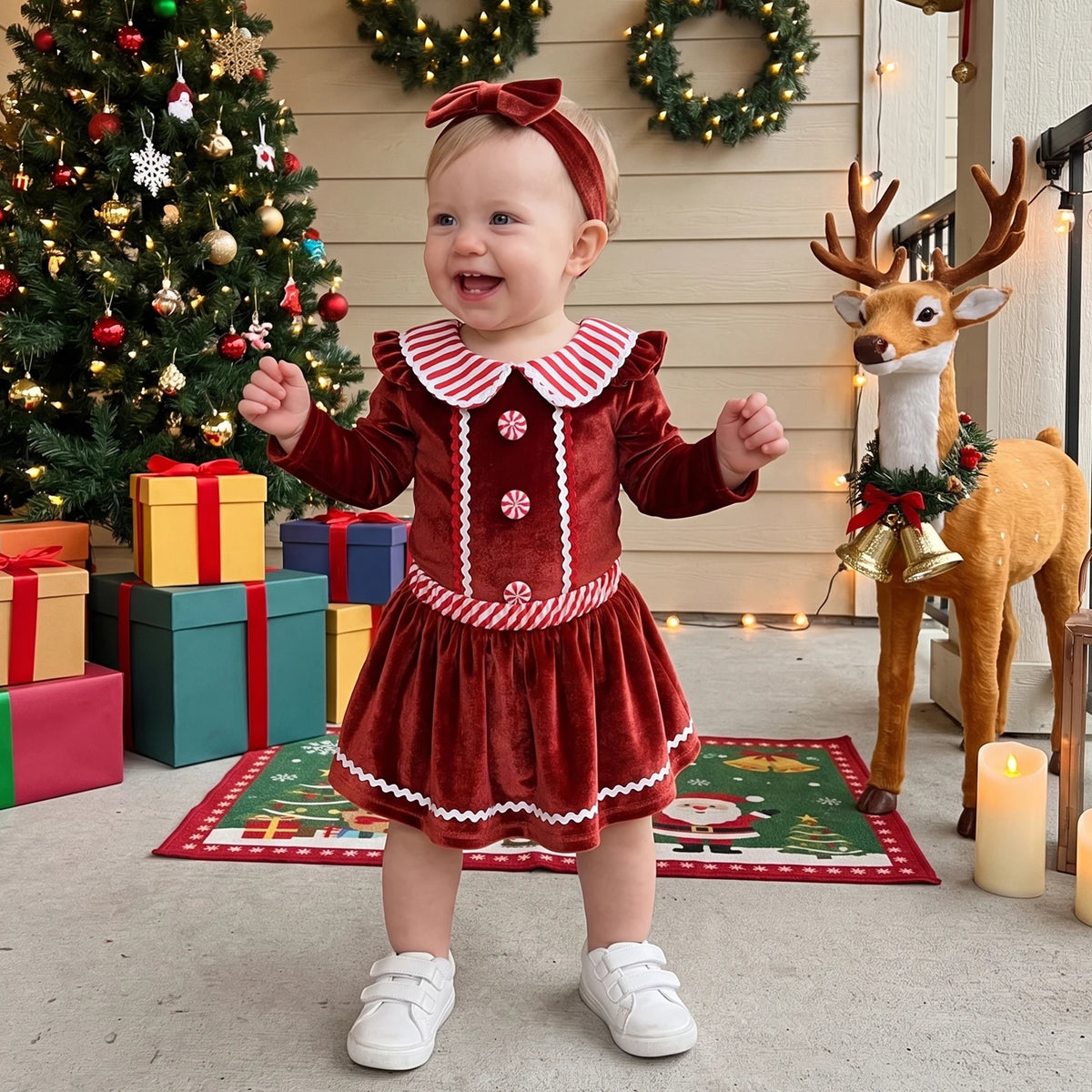 Baby Clothing Girl Christmas Outfit Long Sleeve Gingerbread Romper, Skort, Headband Xmas Clothes