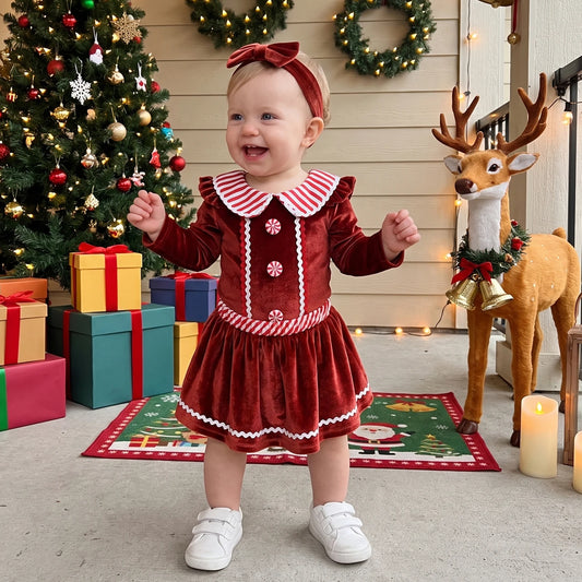 Baby Clothing Girl Christmas Outfit Long Sleeve Gingerbread Romper, Skort, Headband Xmas Clothes