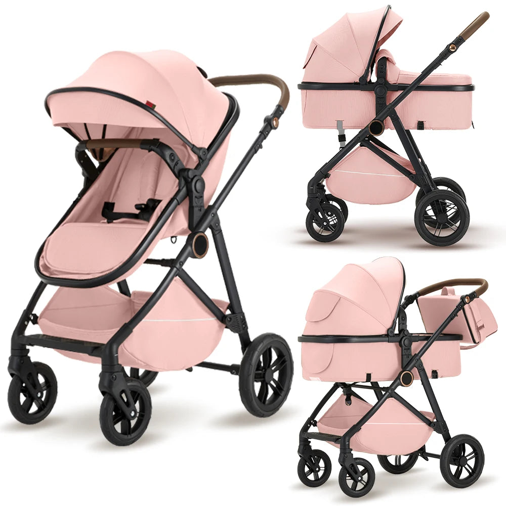 2 in 1 Baby Stroller, High Landscape Infant Stroller Pram Foldable Pushchair with Adjustable Canopy,Mom Bags