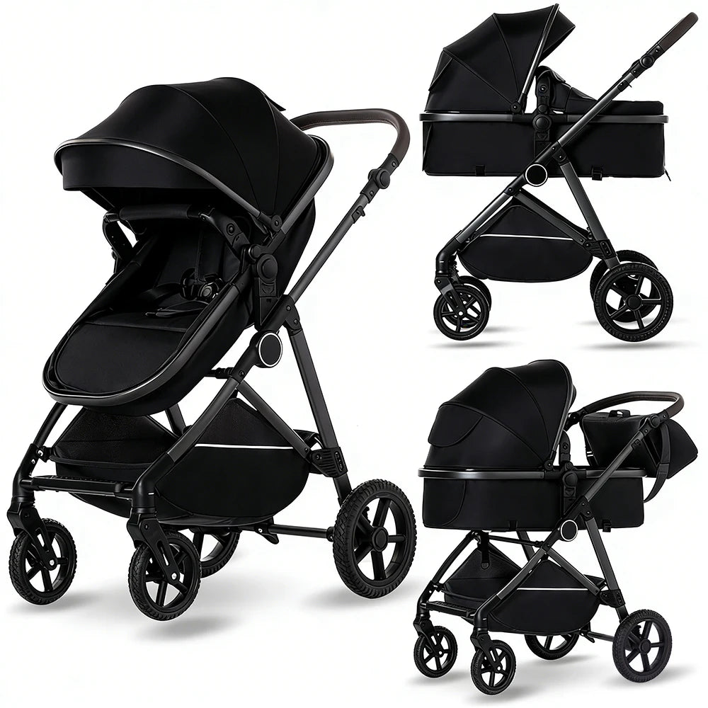 2 in 1 Baby Stroller, High Landscape Infant Stroller Pram Foldable Pushchair with Adjustable Canopy,Mom Bags