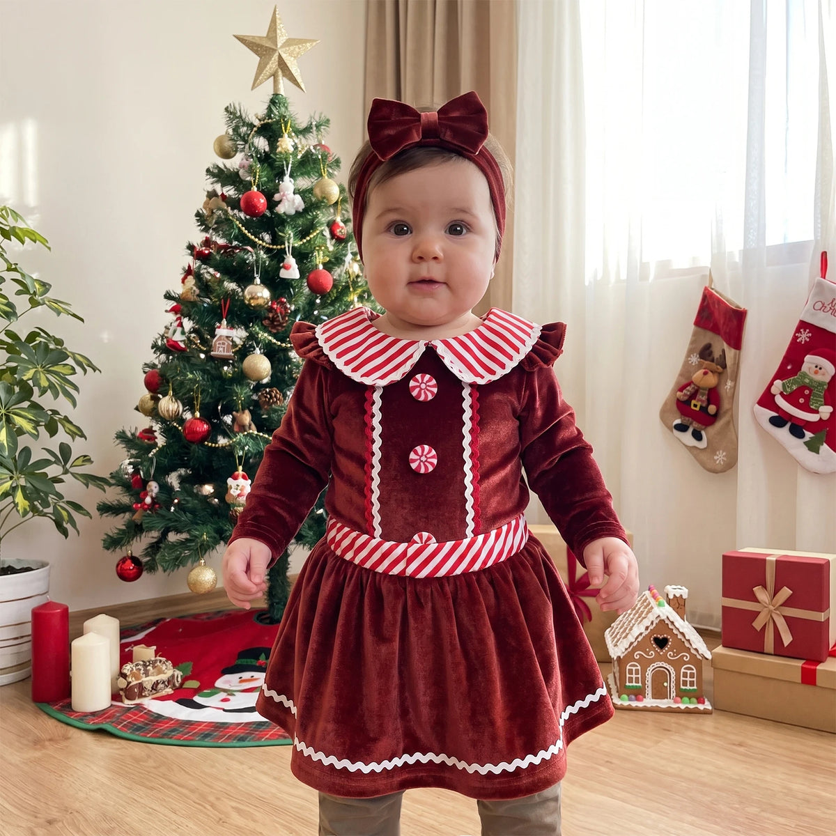 Baby Clothing Girl Christmas Outfit Long Sleeve Gingerbread Romper, Skort, Headband Xmas Clothes